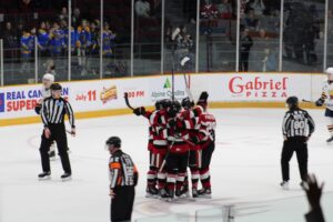 67's defenseman Frankie Marrelli celebrates Ottawa's second goal during R2G4 at TD Place on April 16, 2026.