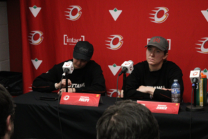 Ottawa Charge goalie Gwyneth Philips (Left), and captain Brianne Jenner (Right) speak with media following 3-0 playoff-clinching win against Toronto Sceptres on April 25 at TD Place.