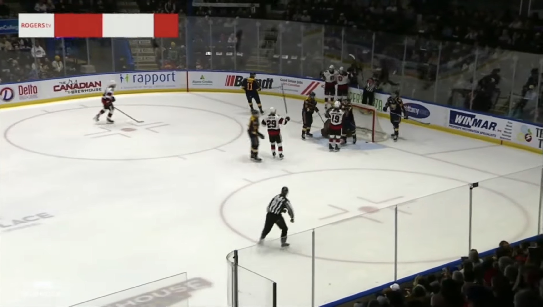 Spencer Bowes scores tying goal at Sadlon Arena on April 11, 2026 during Game 2 of the second-round series against Barrie.