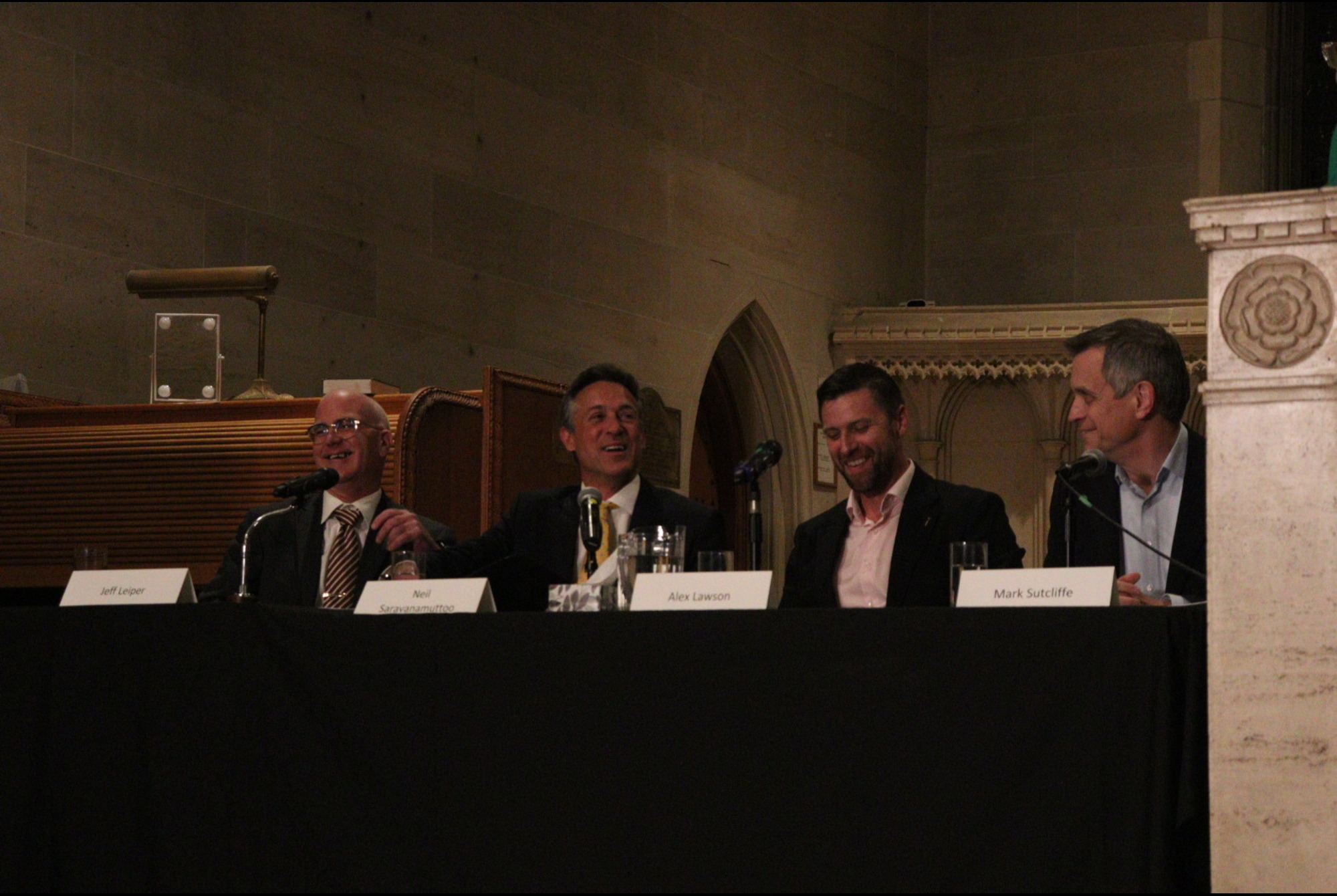 Ottawa mayoral candidates (left to right) Jeff Leiper, Neil Saravanamuttoo, Alex Lawson and Mark Sutcliffe at the Oct. 15 debate.